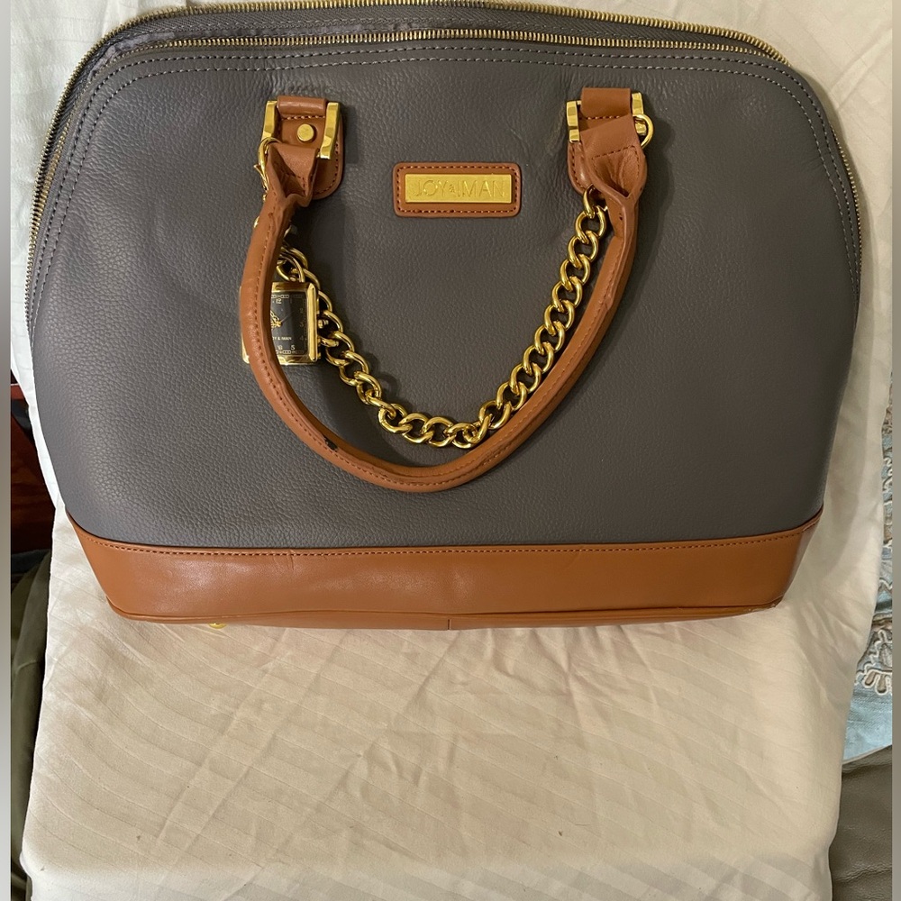 Joy & Iman Gray and Tan Satchel with Gold Chain